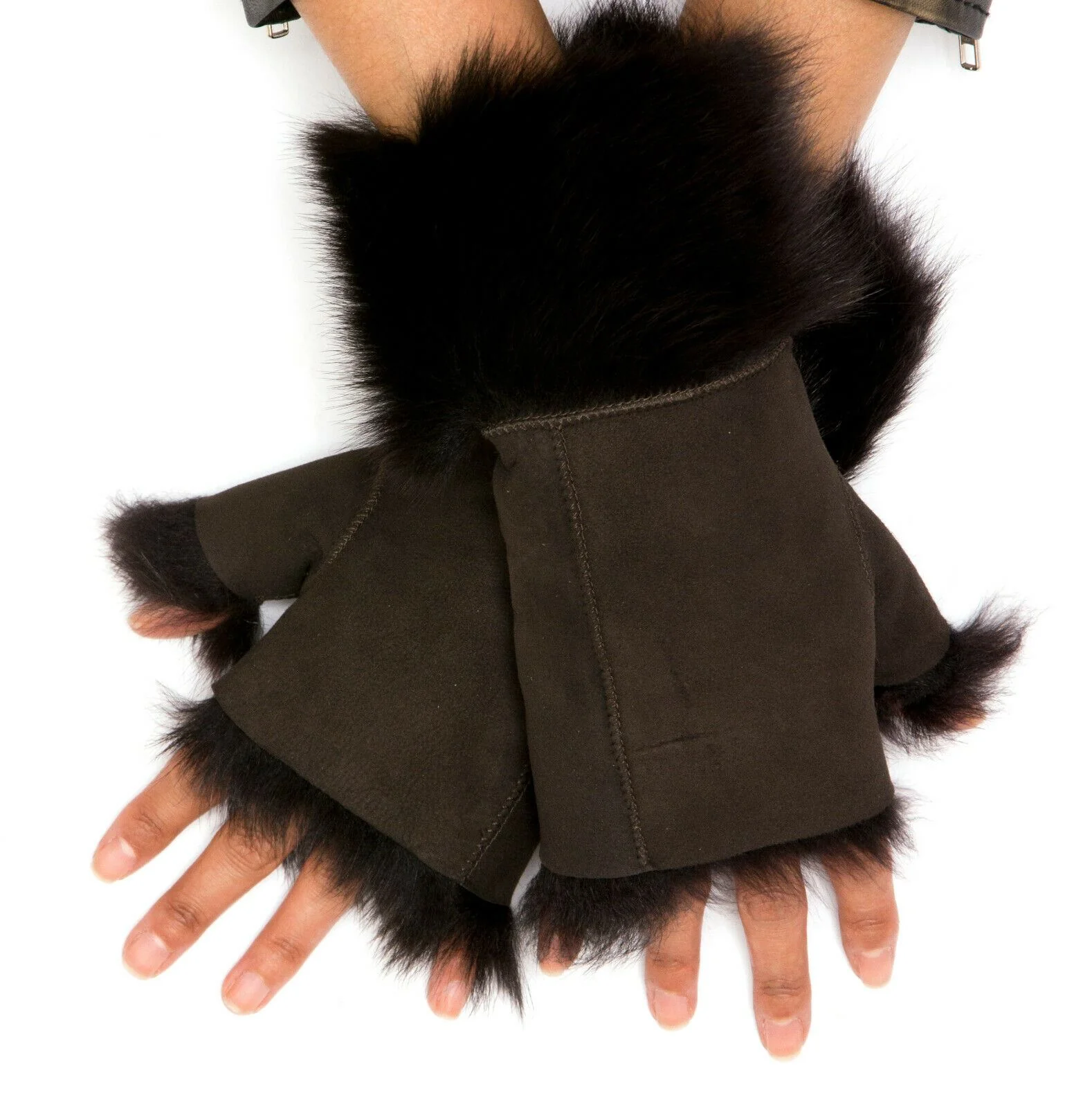 Womens Shearling Mittens Fingerless Cuffs Toscana Suede Sheepskin Fur - Image 15