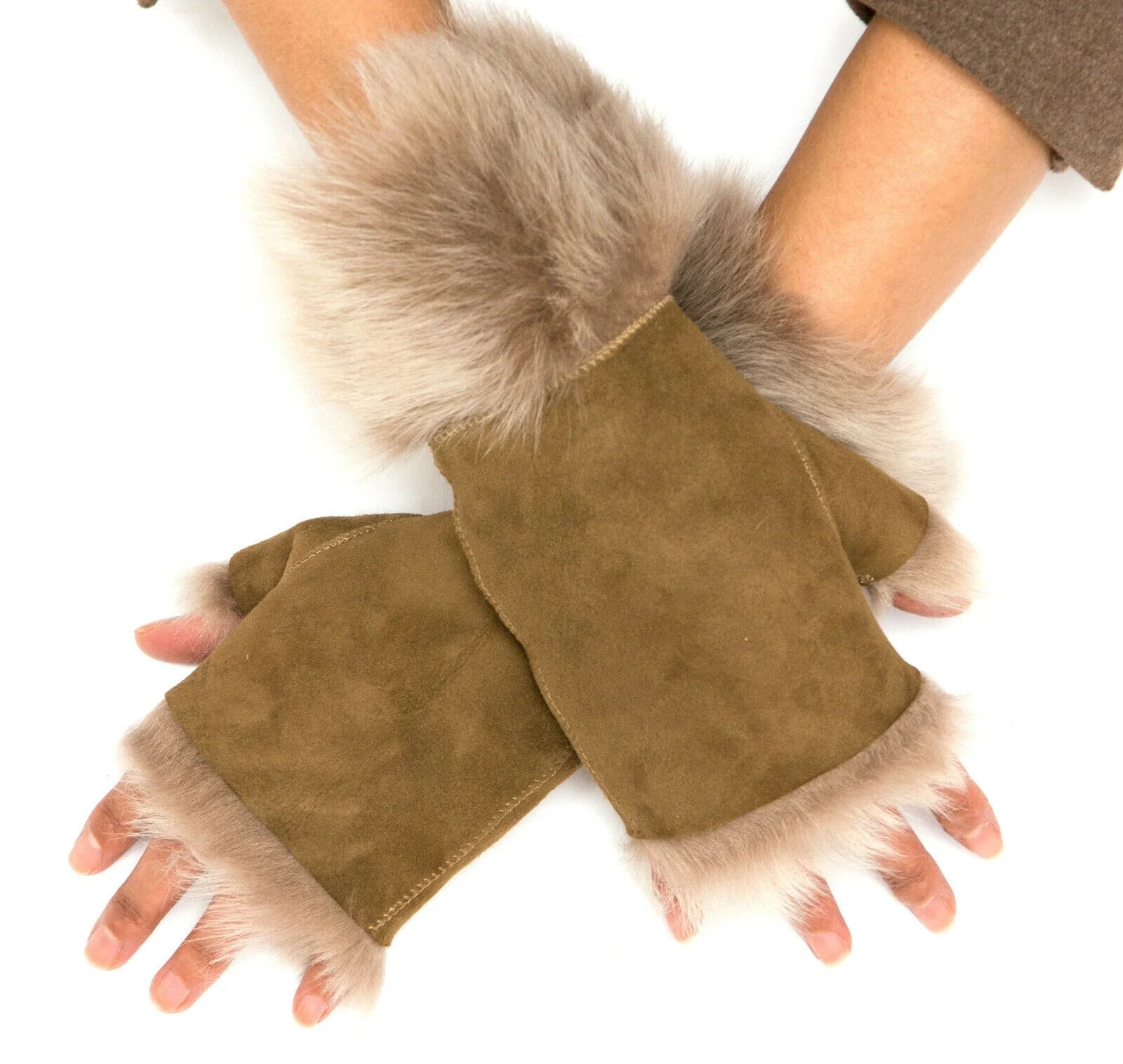 Womens Shearling Mittens Fingerless Cuffs Toscana Suede Sheepskin Fur - Image 2