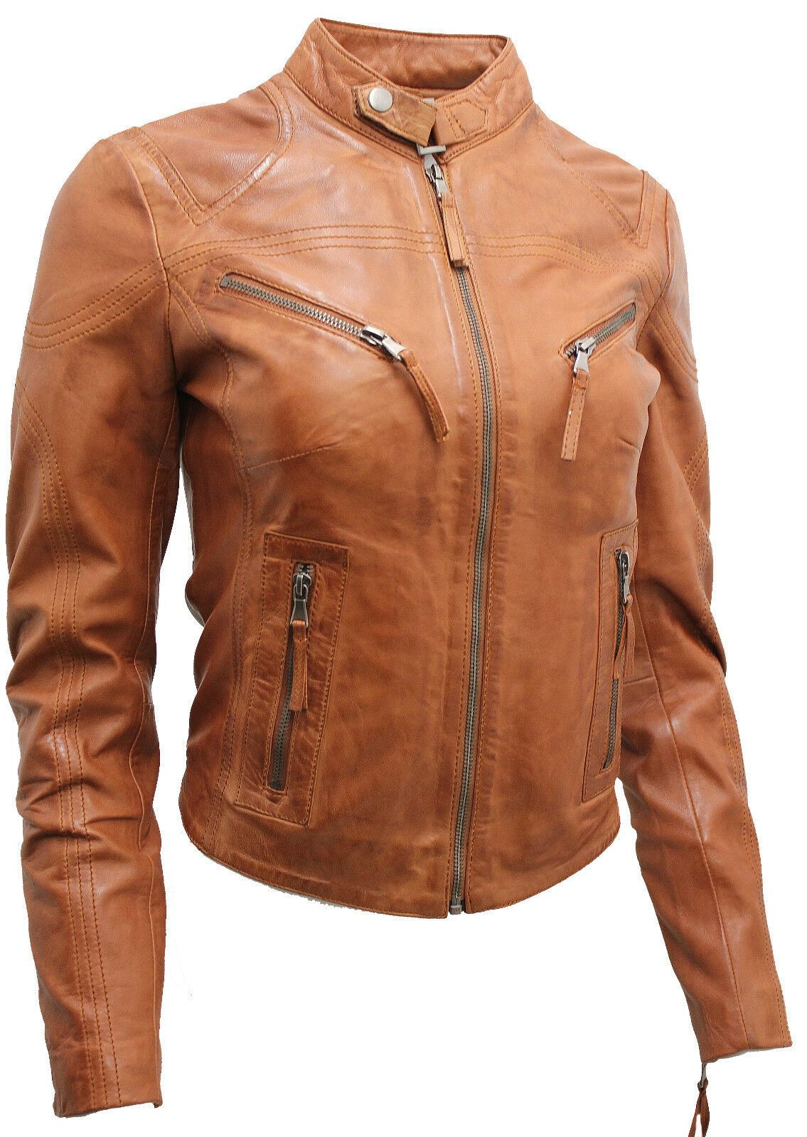 Womens Slim-Fit Leather Biker Jacket-Maldon - Image 8