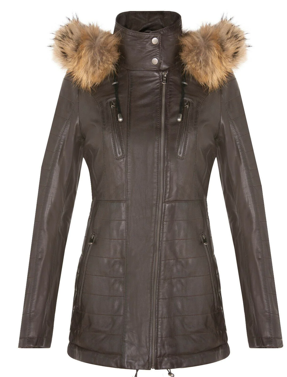 Womens Slim Fit Leather Hooded Parka Jacket-Northam - Image 13
