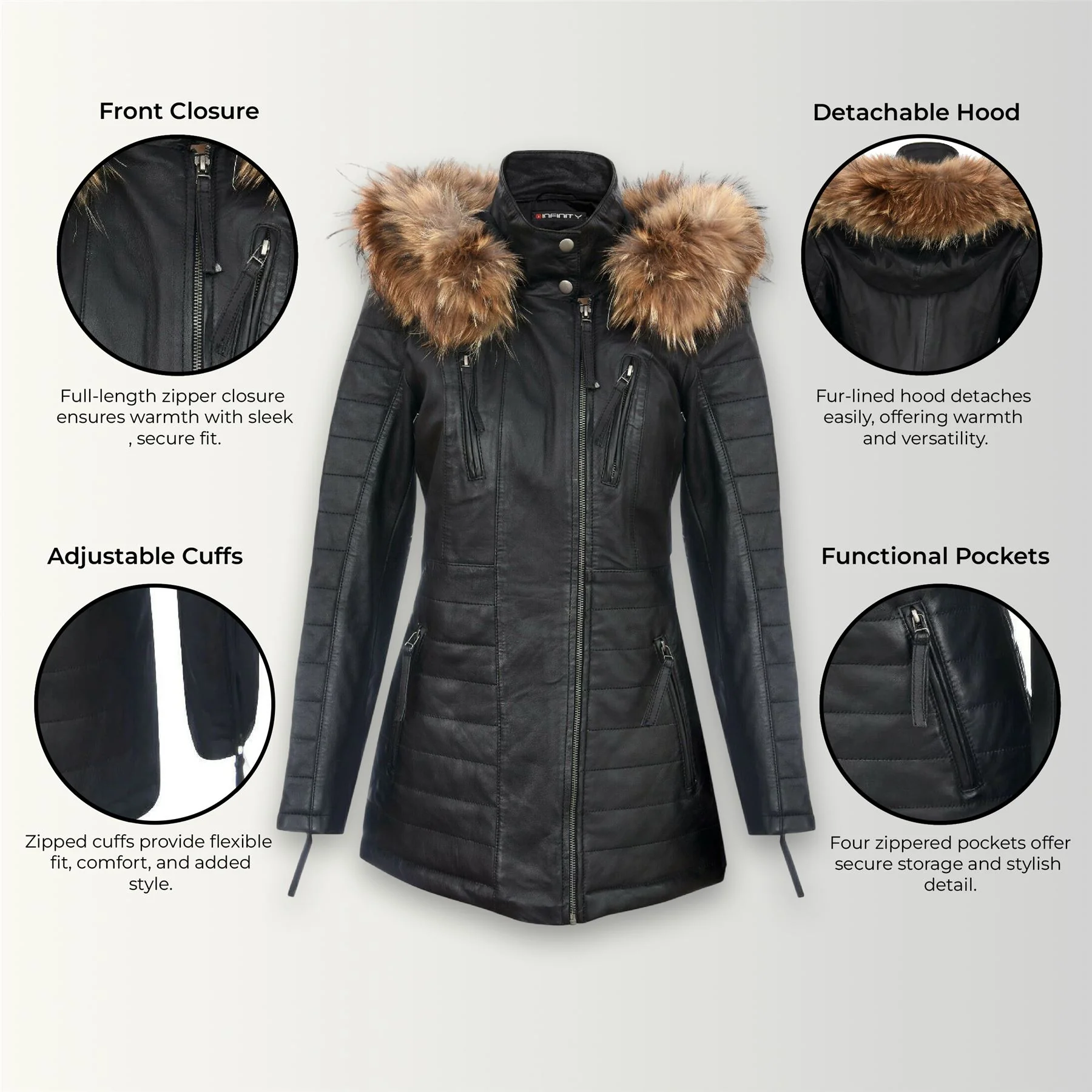 Womens Slim Fit Leather Hooded Parka Jacket-Northam - Image 17