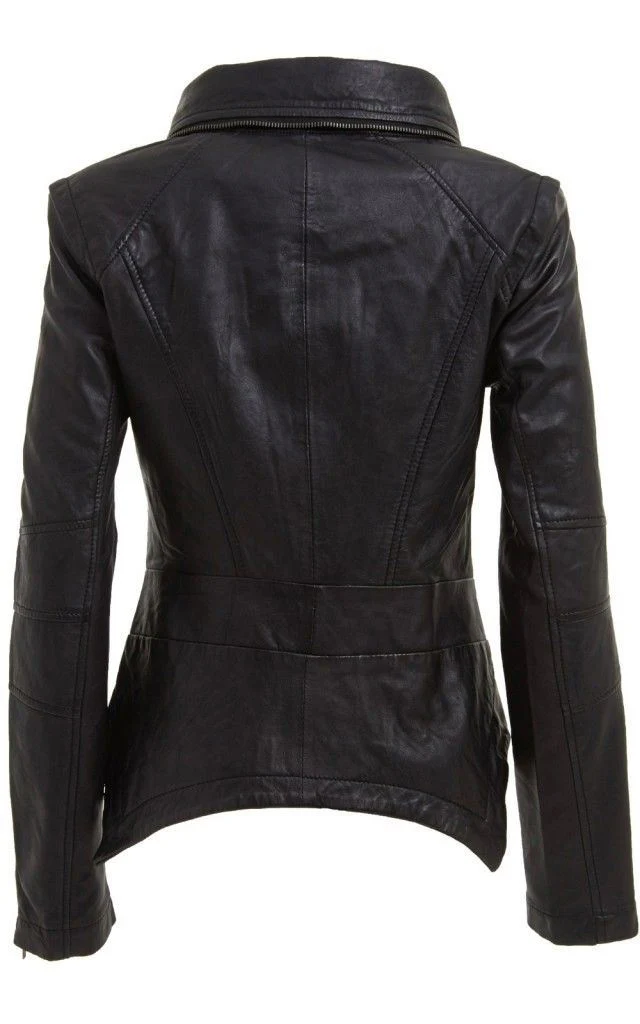 Womens Snap-off collar Leather Biker Jacket-Maidstone - Image 3