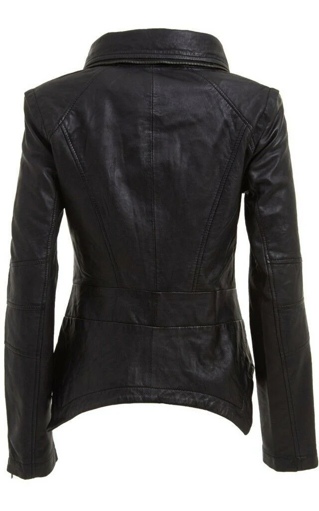 Womens Snap-off collar Leather Biker Jacket-Maidstone - Image 4