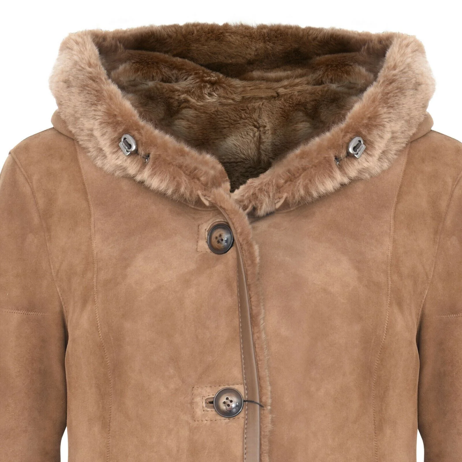 Womens Suede Merino Sheepskin Hooded Coat-Richmond - Image 8