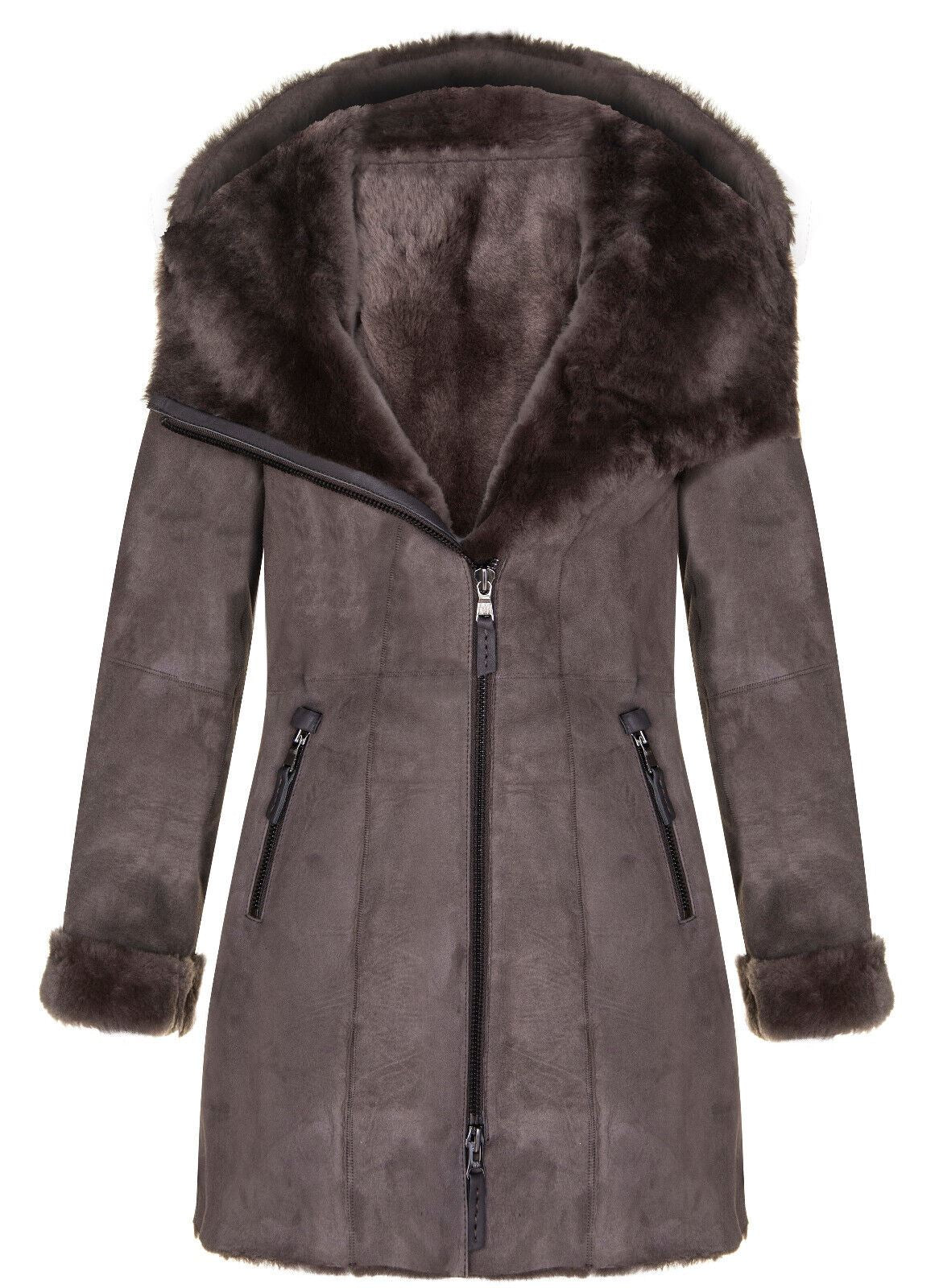 Womens Suede Merino Sheepskin Hooded Coat-Ryde - Image 5