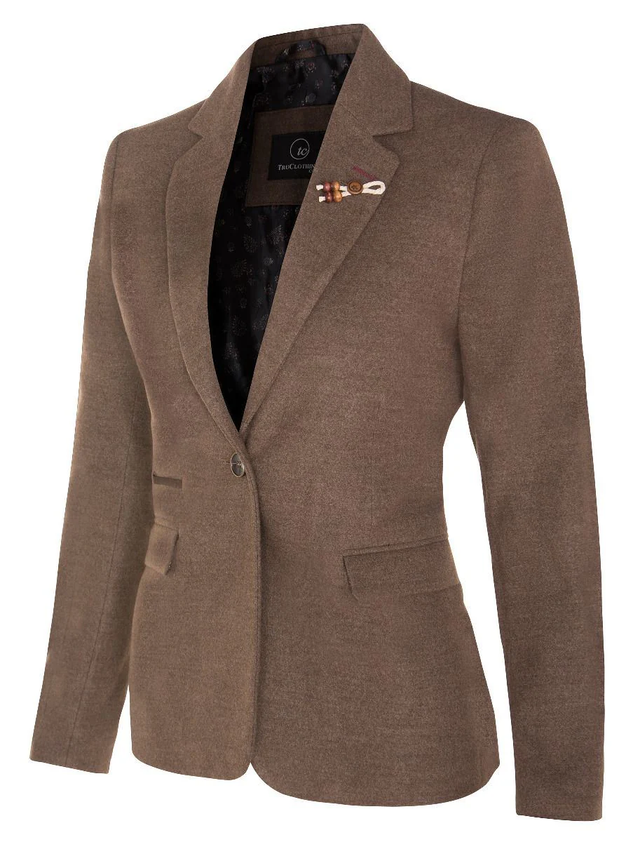 Womens Tweed 1920s Herringbone Light Brown Blazer - Image 2