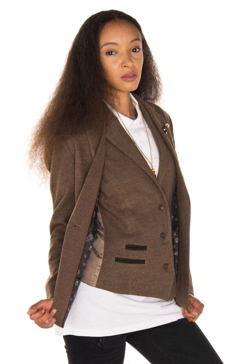 Womens Tweed 1920s Herringbone Light Brown Blazer - Image 6