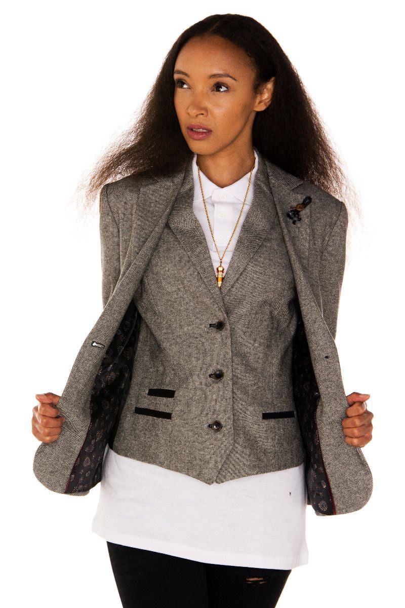 Womens Tweed 1920s Herringbone Light Grey Blazer - Image 6