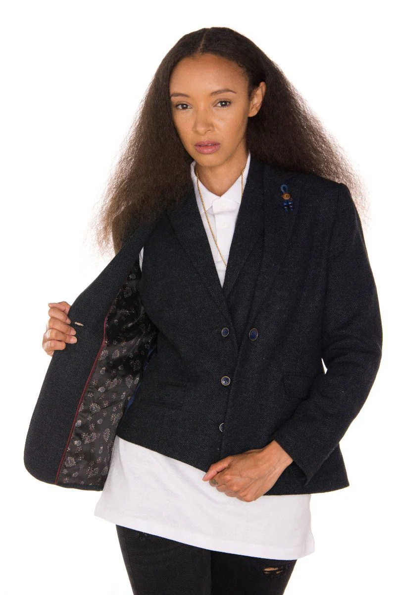 Womens Tweed 1920s Herringbone Navy Blazer - Image 6