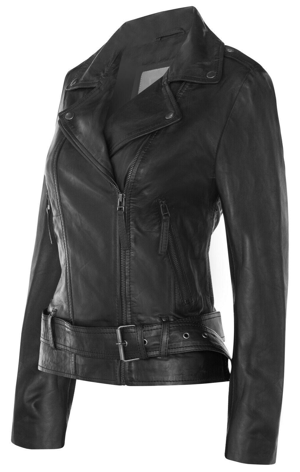 Womens Vintage Leather Biker Jacket-Malton - Image 14