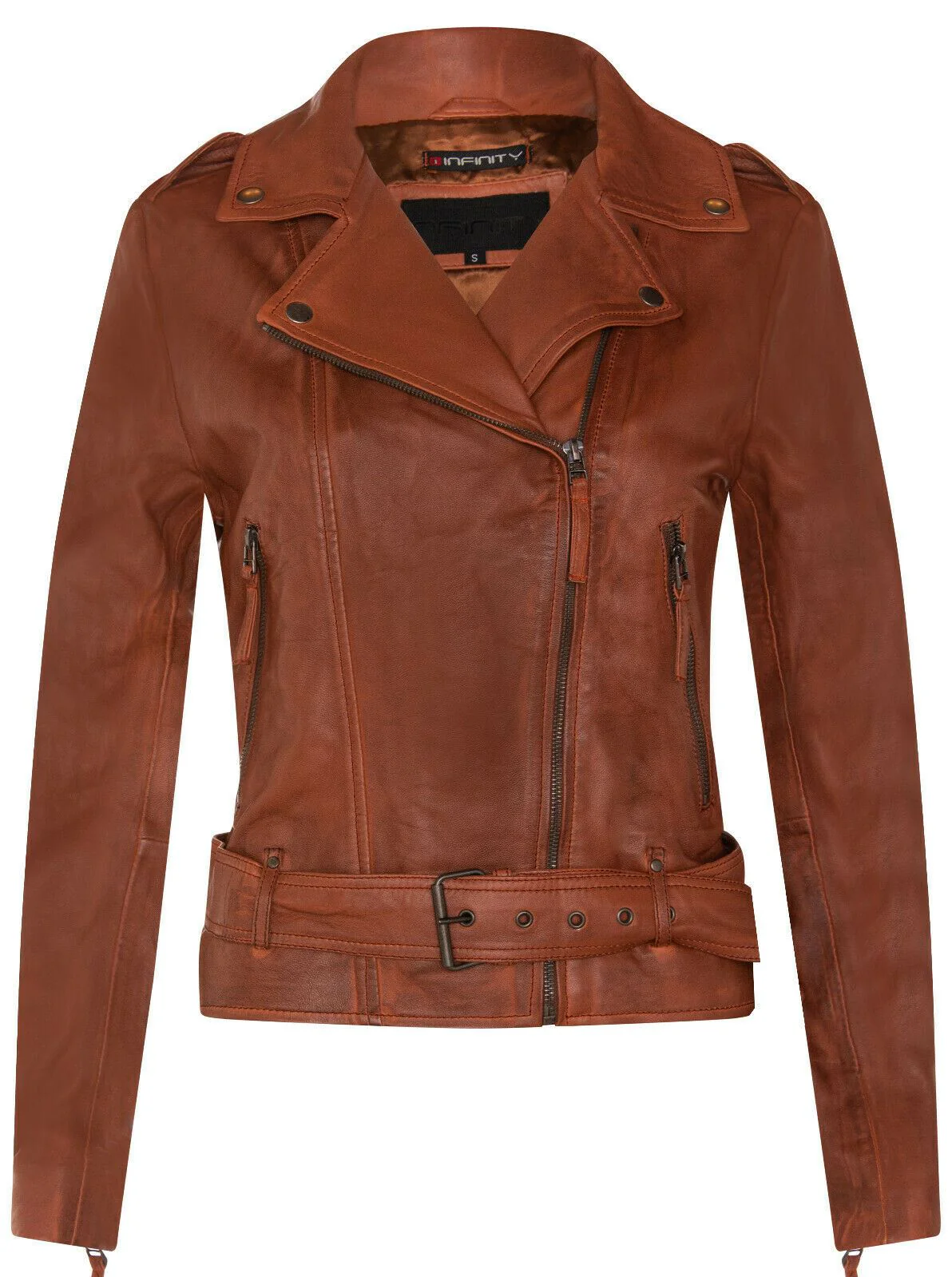 Womens Vintage Leather Biker Jacket-Malton - Image 9